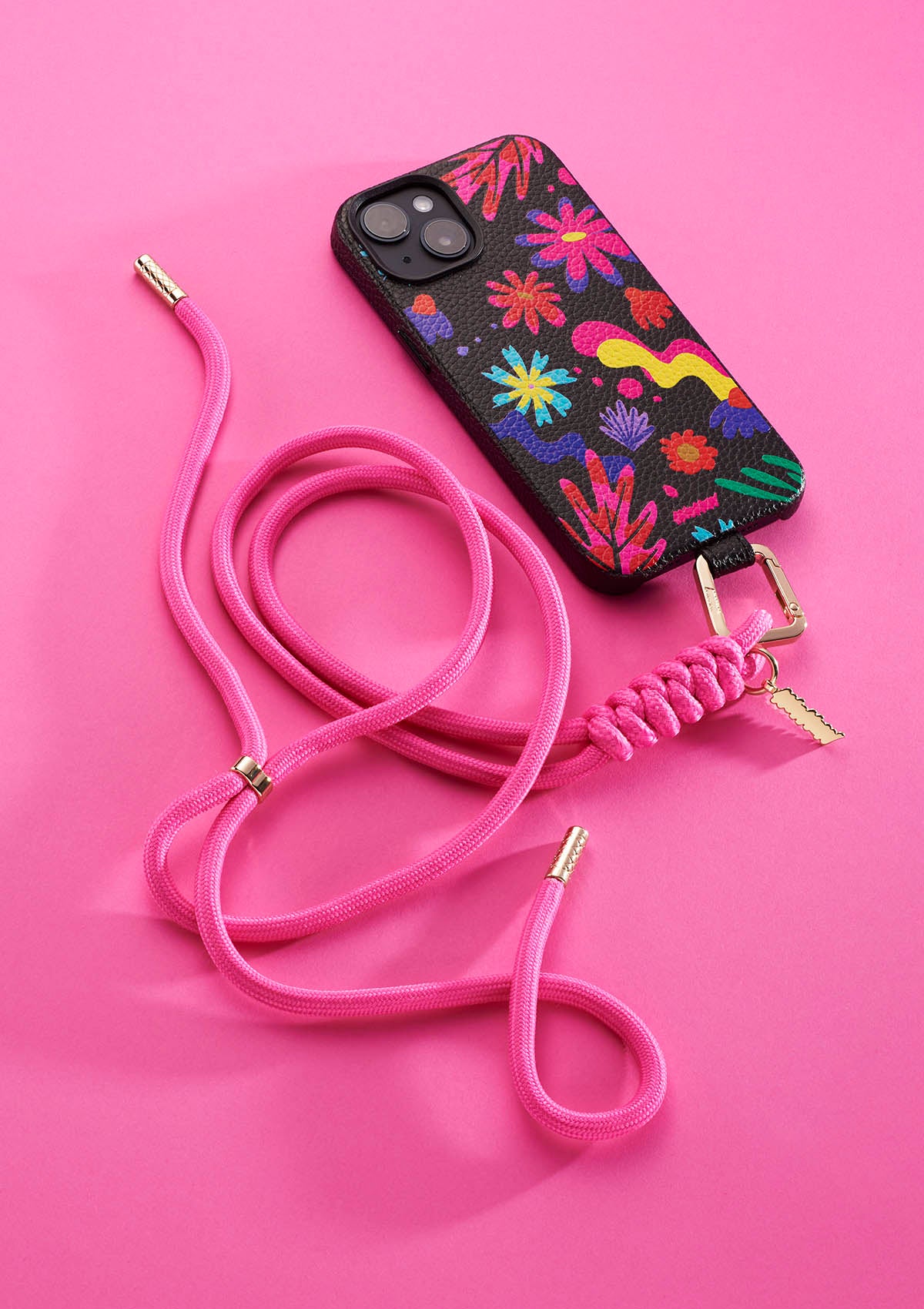 Cover Untags per iPhone 14 Pro nera con fantasia fiori della collezione Bloom con Necklace rosa