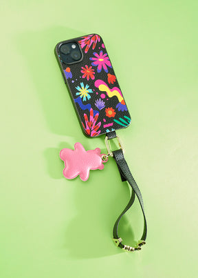 Cover Untags per iPhone 14 Pro nera con fantasia fiori della collezione Bloom con charm e Phone Strap personalizzabile