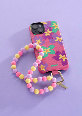 Cover Untags per iPhone 14 Pro Max rosa con fantasia fiori della collezione Bloom con Phone Strap con perline