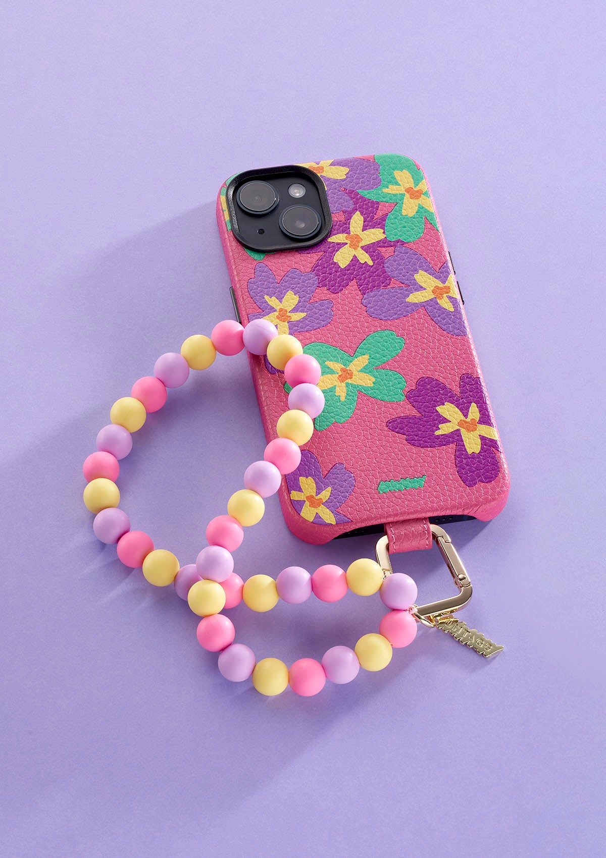 Cover Untags per iPhone 14 Pro rosa con fantasia fiori della collezione Bloom con Phone Strap con perline
