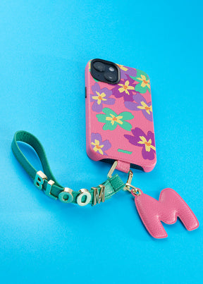 Cover Untags per iPhone 14 Pro rosa con fantasia fiori della collezione Bloom con charm e Phone Strap personalizzabile