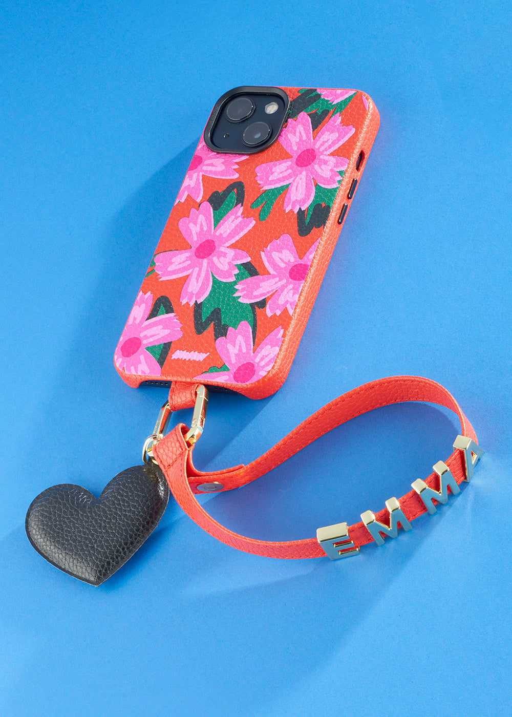 Cover Untags per iPhone 14 Pro rossa con fantasia fiori della collezione Bloom con charm e Phone Strap personalizzabile