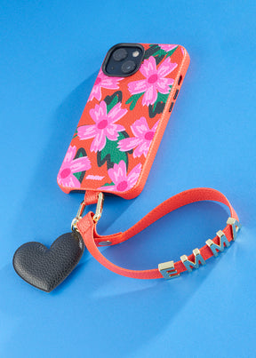Cover Untags per iPhone 14 Pro Max rossa con fantasia fiori della collezione Bloom con charm e Phone Strap personalizzabile