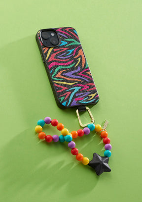 Cover nera Untags per iPhone 14 pro Max della collezione Urban Safari, zebrata, con Phone Strap colorato