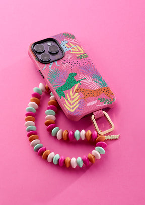 Cover rosa Untags per iPhone 14 Pro della collezione Urban Safari, con Phone Strap colorato