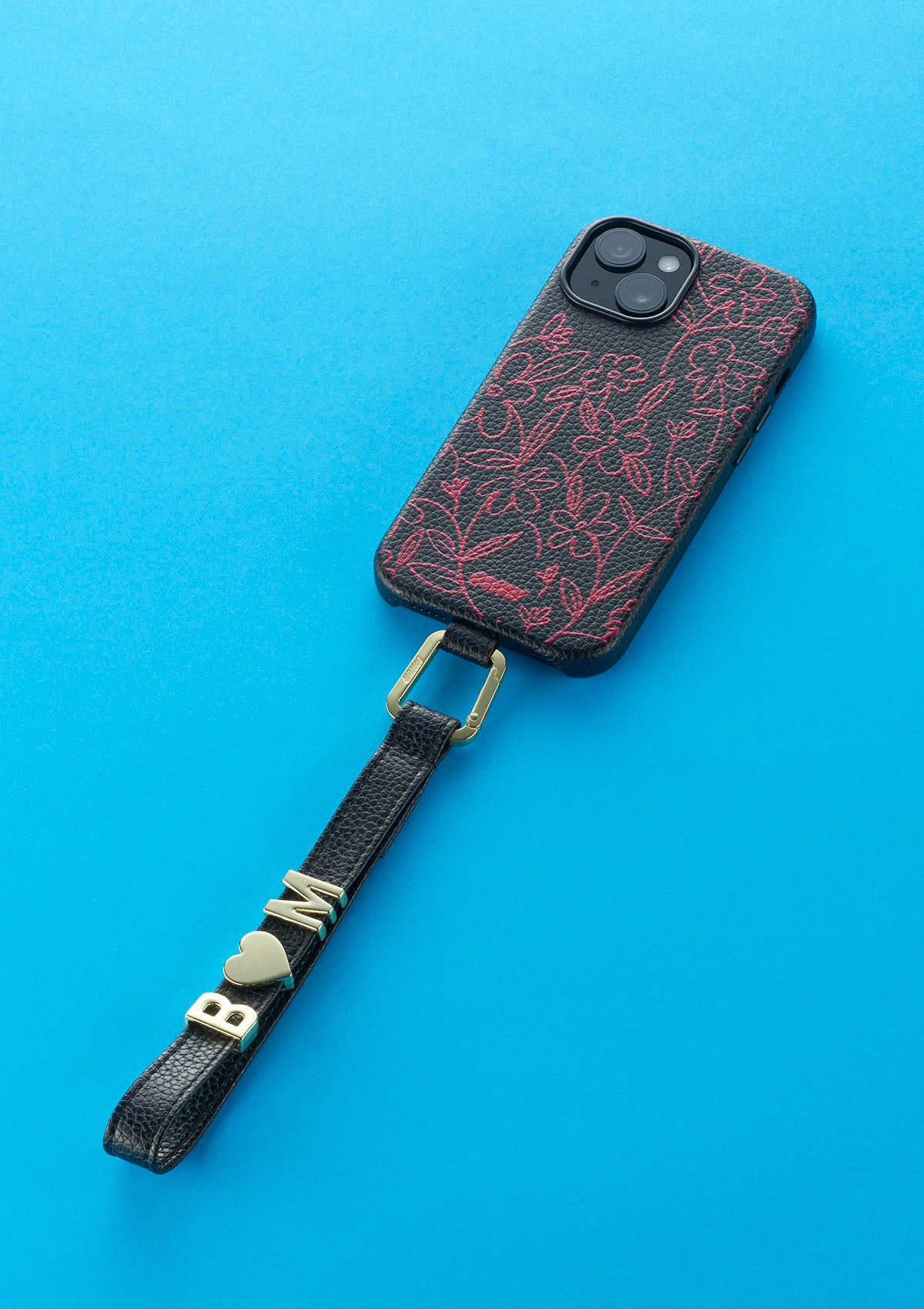 Cover_iPhone_15_Bloom_Flowers_Nera_Phone_Strap_Personalizzabile_Nero