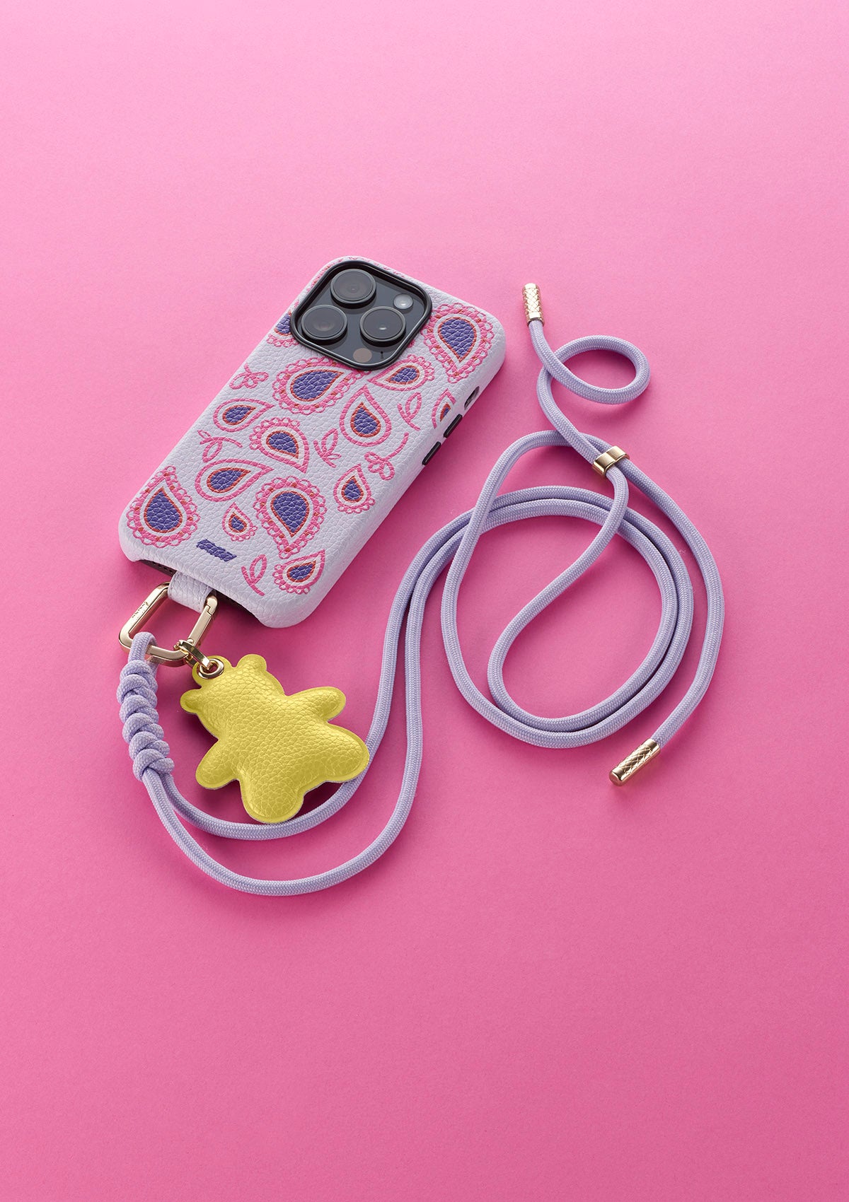 Phone Necklace Untags in corda lilla con Cover per iPhone e Phone Charm Orso Giallo