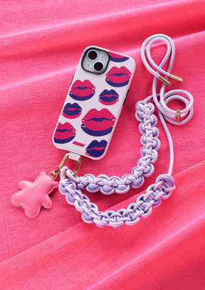 Phone Necklace Scoubidou regolabile viola e lilla con Cover per iPhone Lilla e Phone Charm Orso Rosa