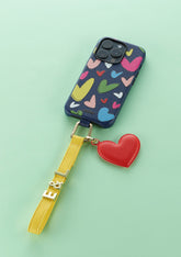  Phone Strap personalizzabile Giallo con Cover iPhone Blu, Lettere in Metallo e Phone Charm Cuore Rosso