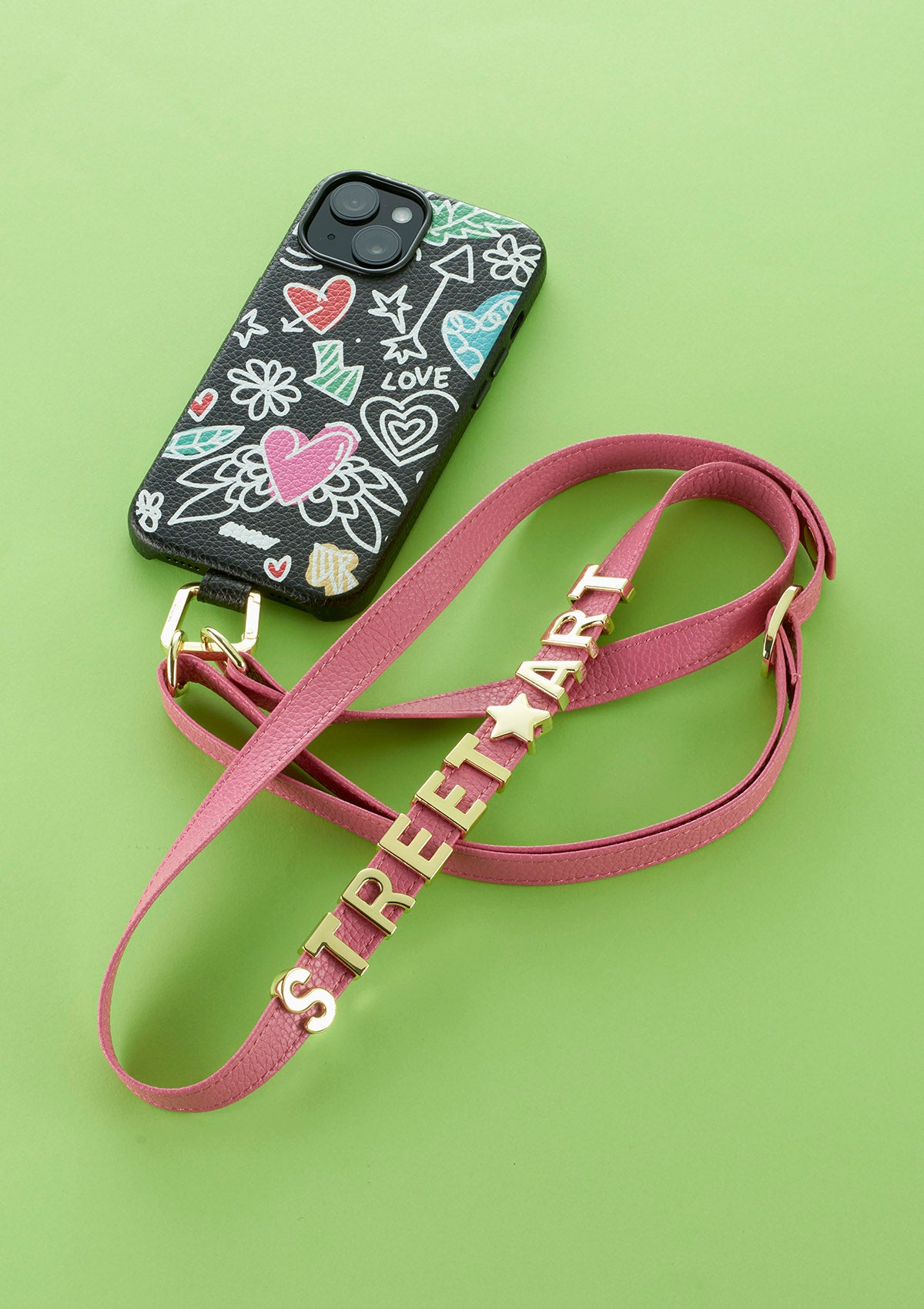 Phone Necklace personalizzabile rosa con Cover iPhone nera e Lettere in Metallo