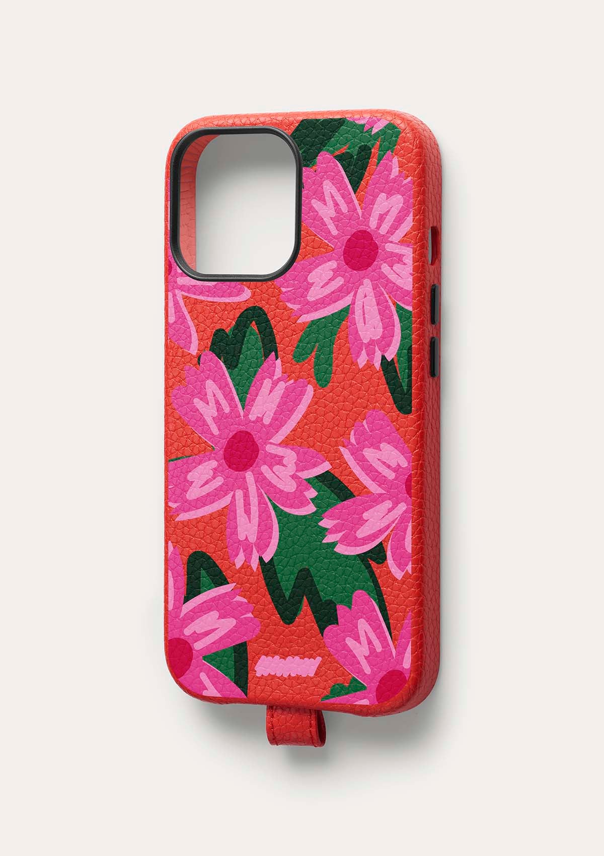 Vista del retro di una cover Untags per iPhone 14 Pro Max in colore rosa con stampa grafica, collezione Bloom