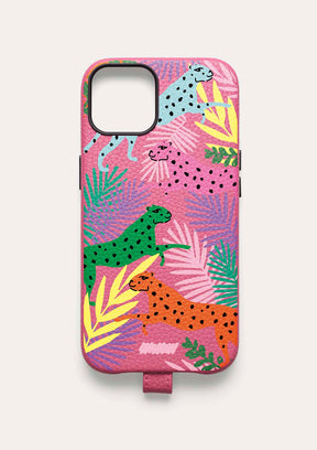 Cover Untags per iPhone 14 Pro in colore rosa e fantasia animalier 