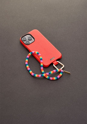 Cover UNTAGS rossa Palette per iPhone 14 con Phone Strap Rainbow e perline colorate
