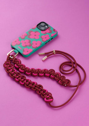 Cover Untags per iPhone 14 Plus in colore verde con fiori e Phone Necklace Scoubidou regolabile bordeaux e rosa