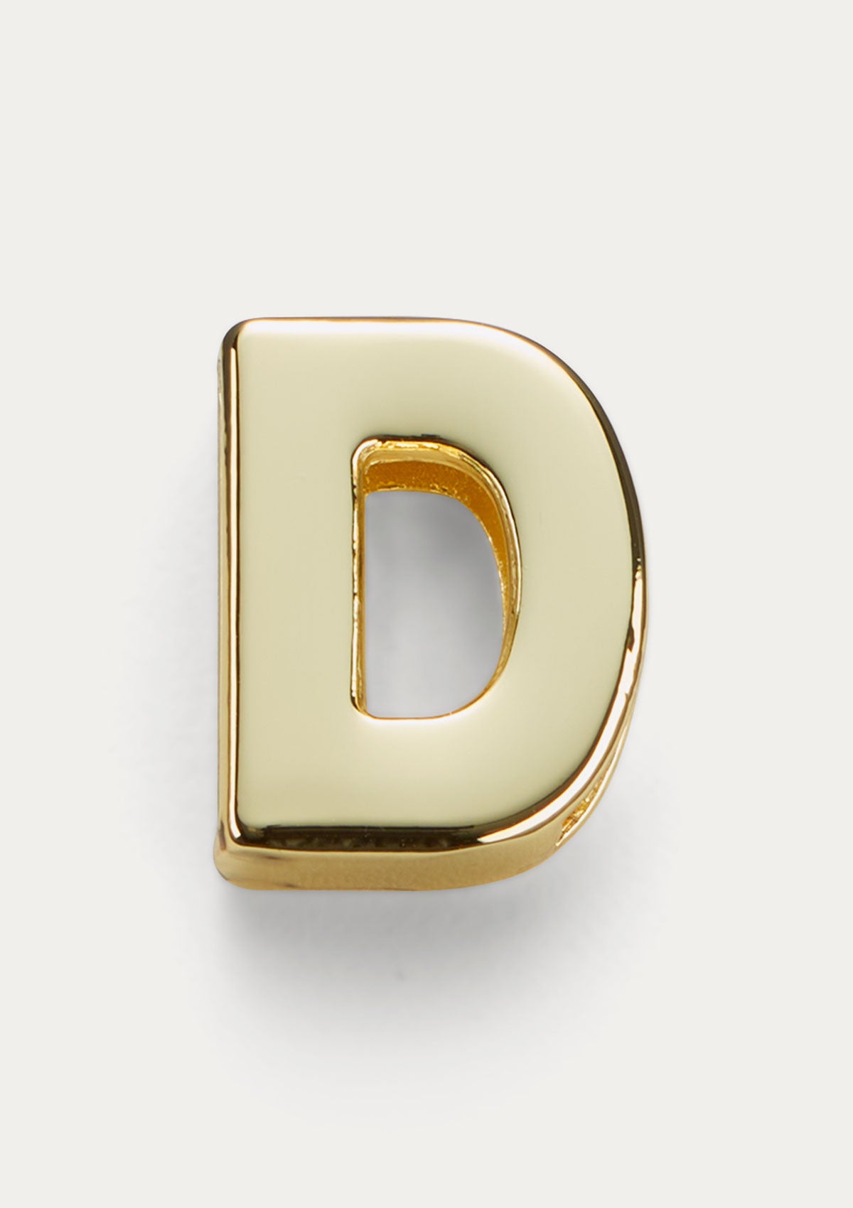 Vista frontale del Charm Untags Lettera D, in metallo dorato, per Phone Strap Personalizzabile