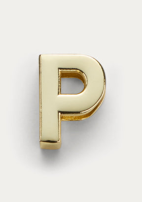 Vista frontale del Charm Untags Lettera P, in metallo dorato, per Phone Strap Personalizzabile