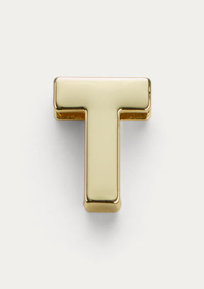 Vista frontale del Charm Untags Lettera T, in metallo dorato, per Phone Strap Personalizzabile
